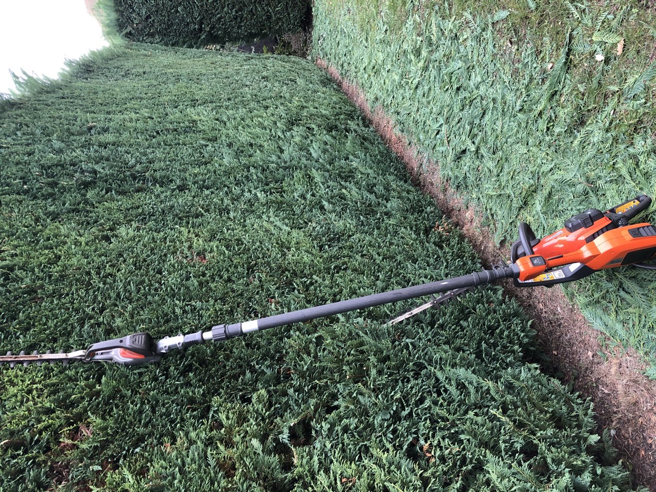 Haie taillée avec un taille-haie sur perche et des branches coupées au sol